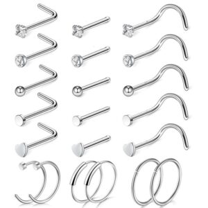 Set de 21 piezas piercing para Nariz, color plateado, Acero inoxidable