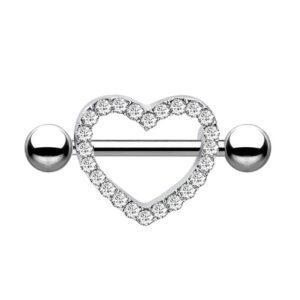 Par de piercing para pecho color plateado forma de Corazón detalles de piedreria, Acero inoxidable