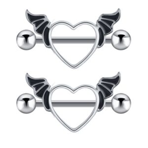 Par de Piercing Nipel (anillo de pecho) forma de corazón con detalles de alas, Acero inoxidable