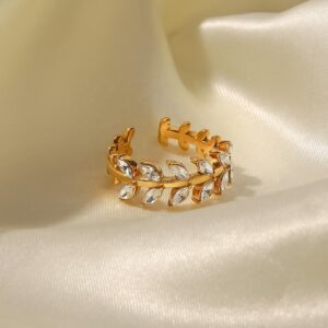Anillo Ajustable diamantes estilo hoja / Acero inoxidable con capa en baño de Oro 18k