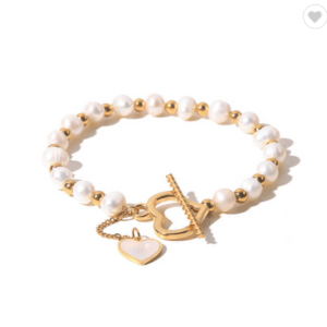 Pulsera de perlas con corazón colgante 18K - Oro Laminado